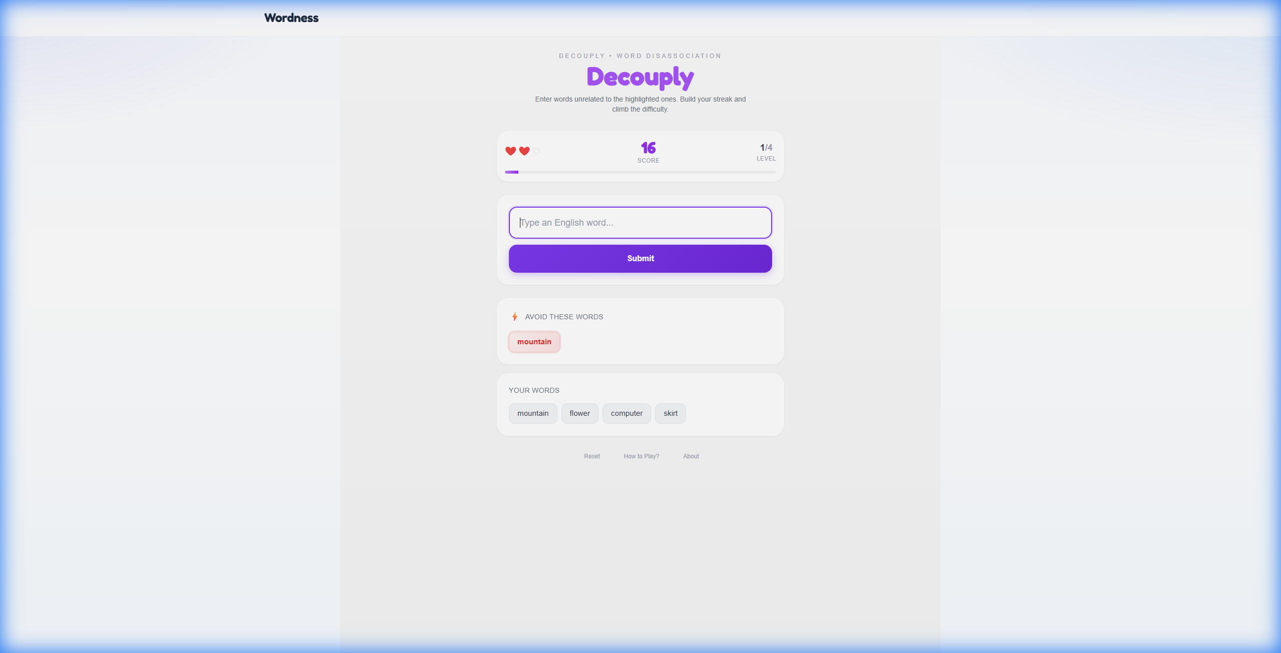 Decouply gameplay screenshot showing word disassociation interface